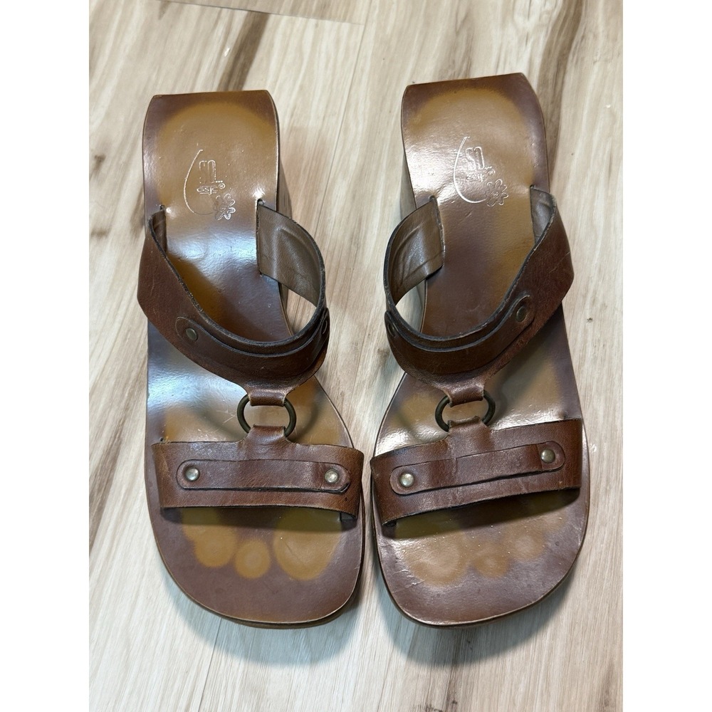 Vintage Y2K 90s SO GSJC Groovy Square Toe Brown Wooden Wedge Platform 8M